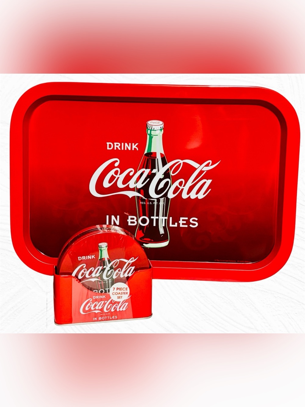 Officially Licensed Retro Style Coca Cola Tin Serving Tray & 7 Piece Coaster Set